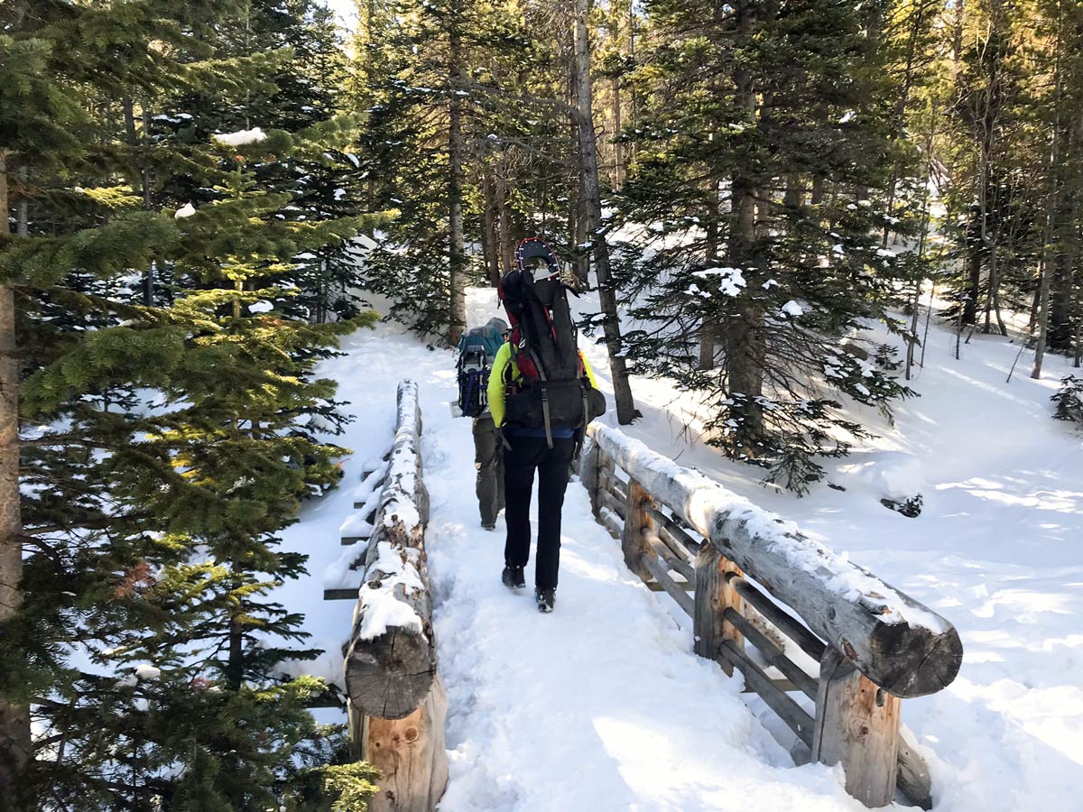 Easy trail of The Loch snowshoe trail in Rocky Mountain National Park, Colorado