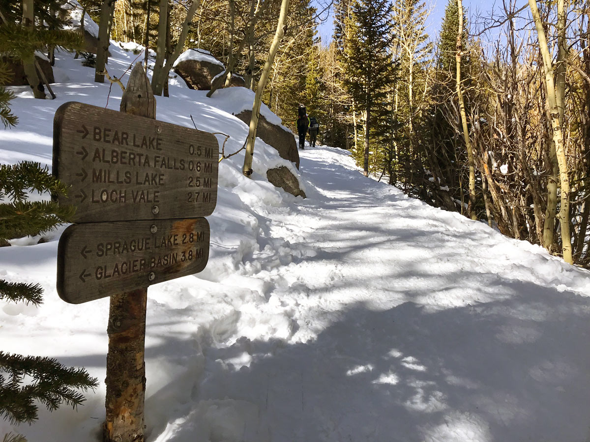 Sign on The Loch snowshoe trail in Rocky Mountain National Park, Colorado