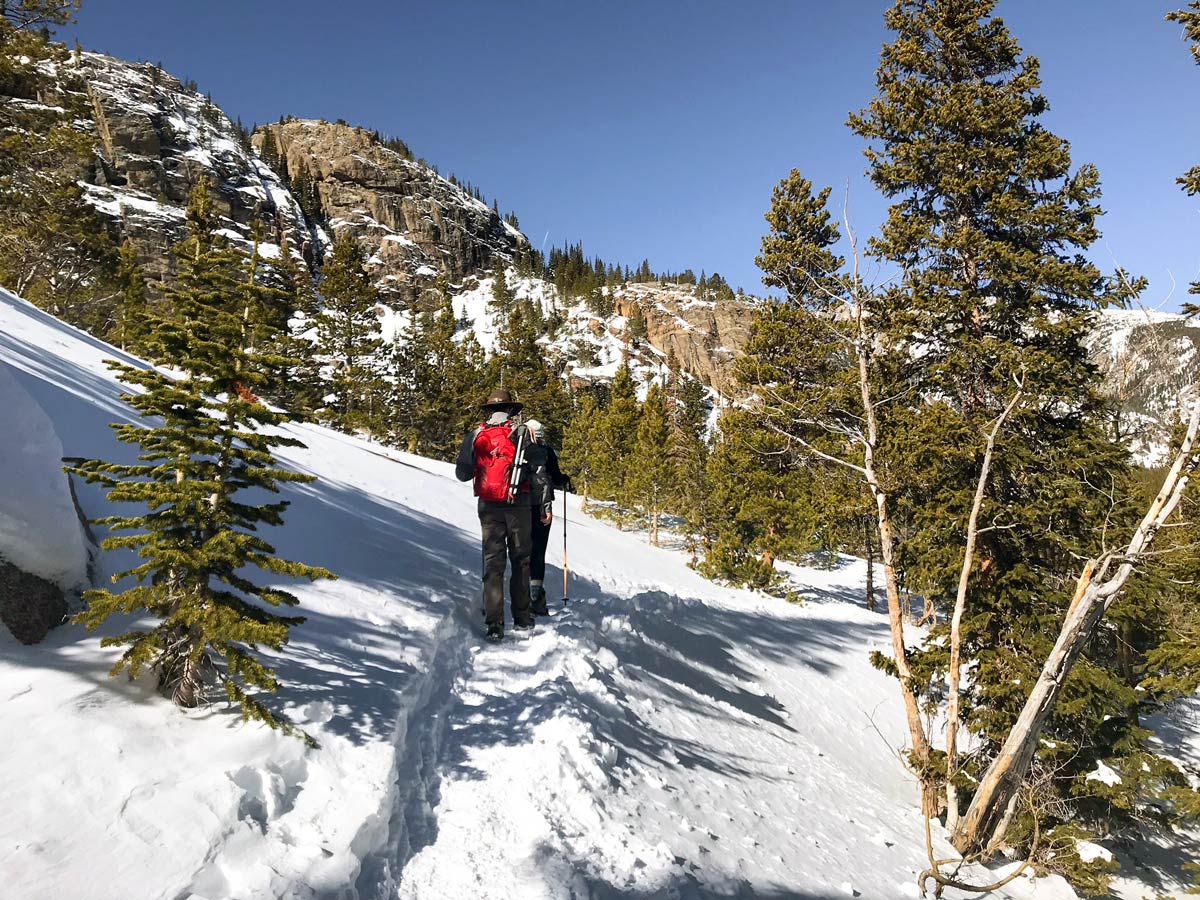 Beautiful views on The Loch snowshoe trail in Rocky Mountain National Park, Colorado