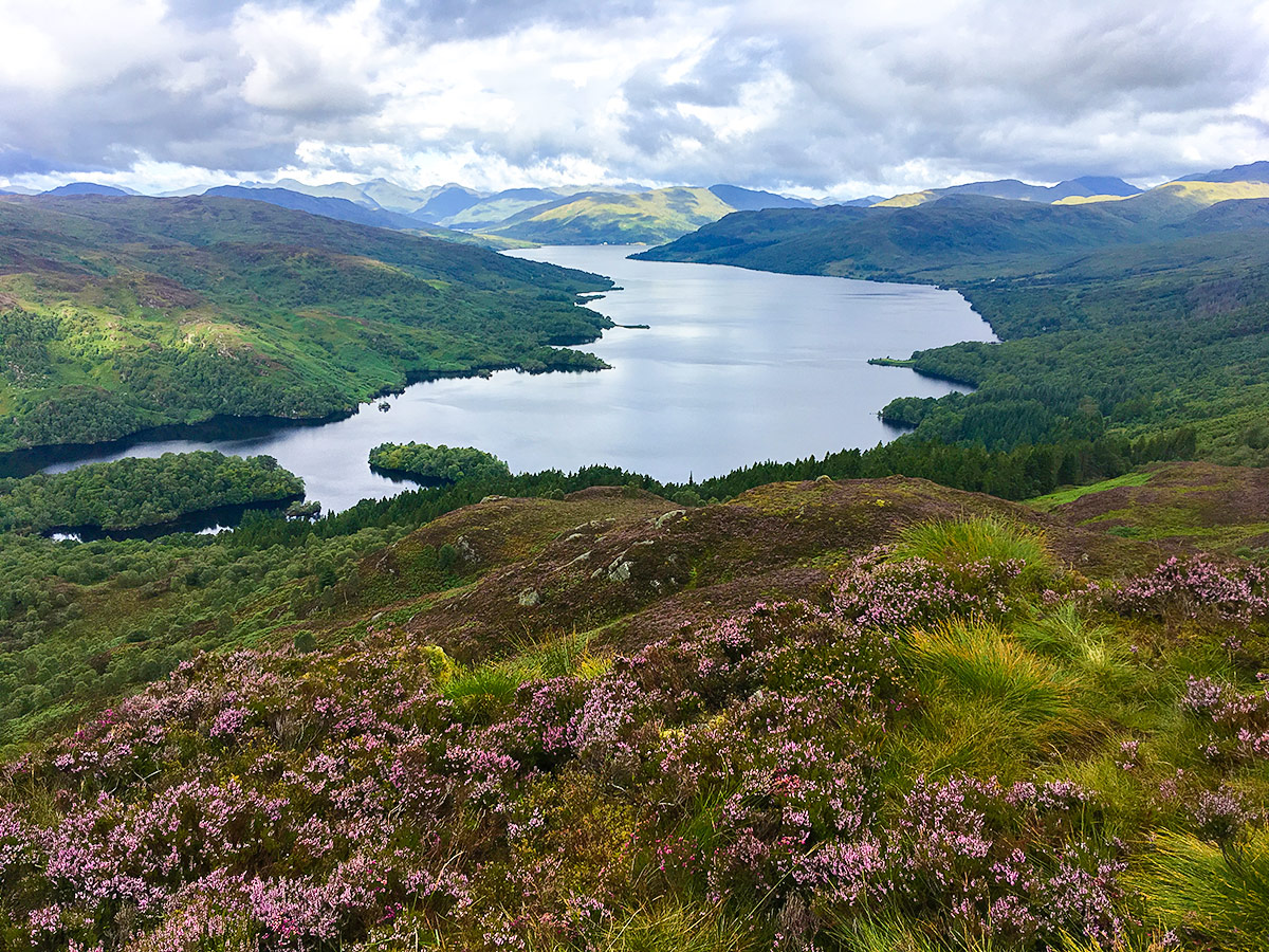 Loch Katrine and Ben Venue from Ben A'an hike in Loch Lomond and The Trossachs region in Scotland