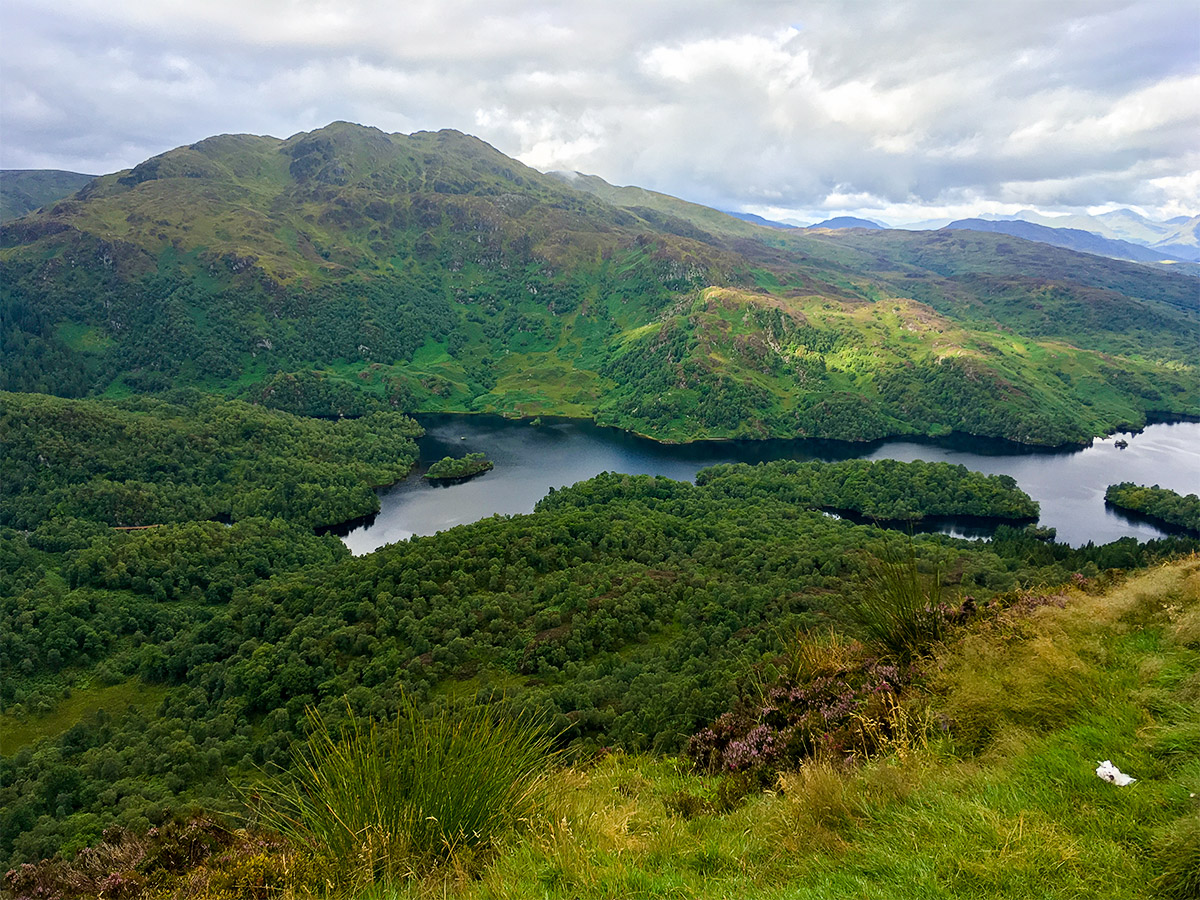 Loch Katrine and Ben Venue from the summit of Ben A'an hike in Loch Lomond and The Trossachs region in Scotland