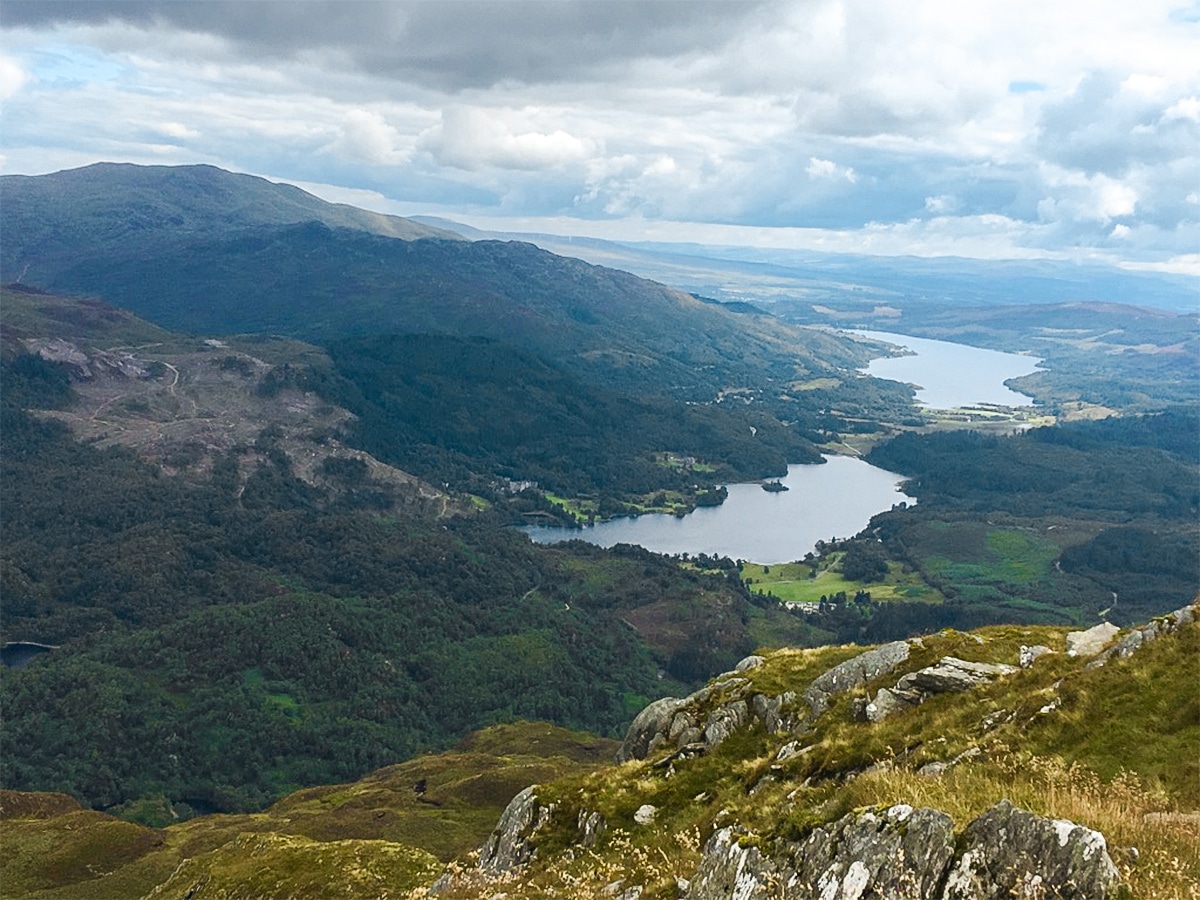 Loch Achray and Loch Venachar view from Ben Venue hike in Loch Lomond and The Trossachs region in Scotland