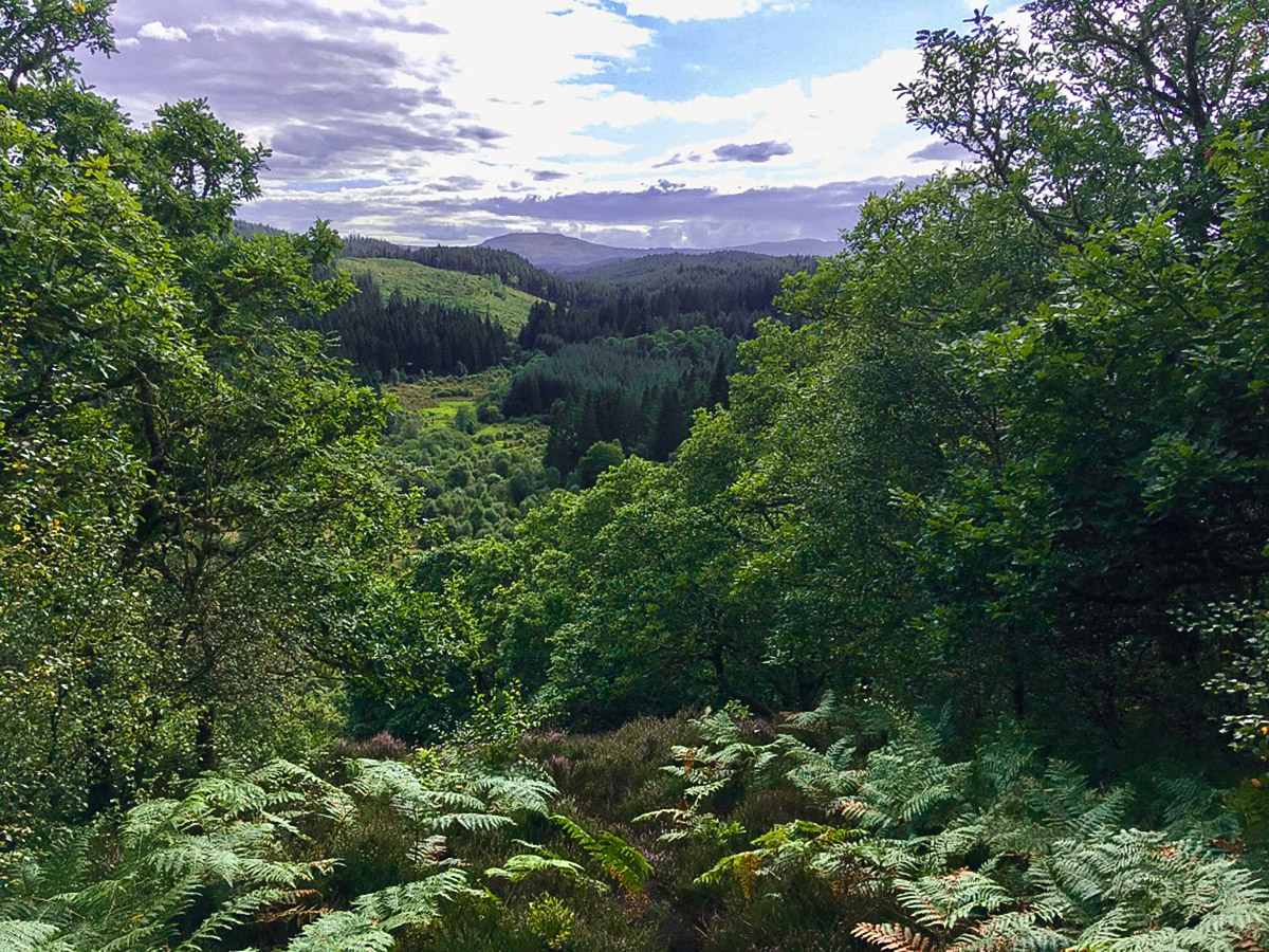 Valley views from Doon Hill viewpoint on Doon Hill Fairy Trail hike in Loch Lomond and The Trossachs region in Scotland