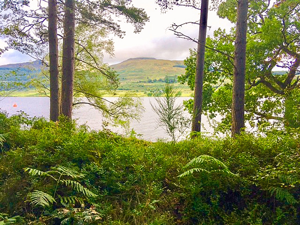 Lake view from south shore on Loch Venachar hike in Loch Lomond and The Trossachs region in Scotland