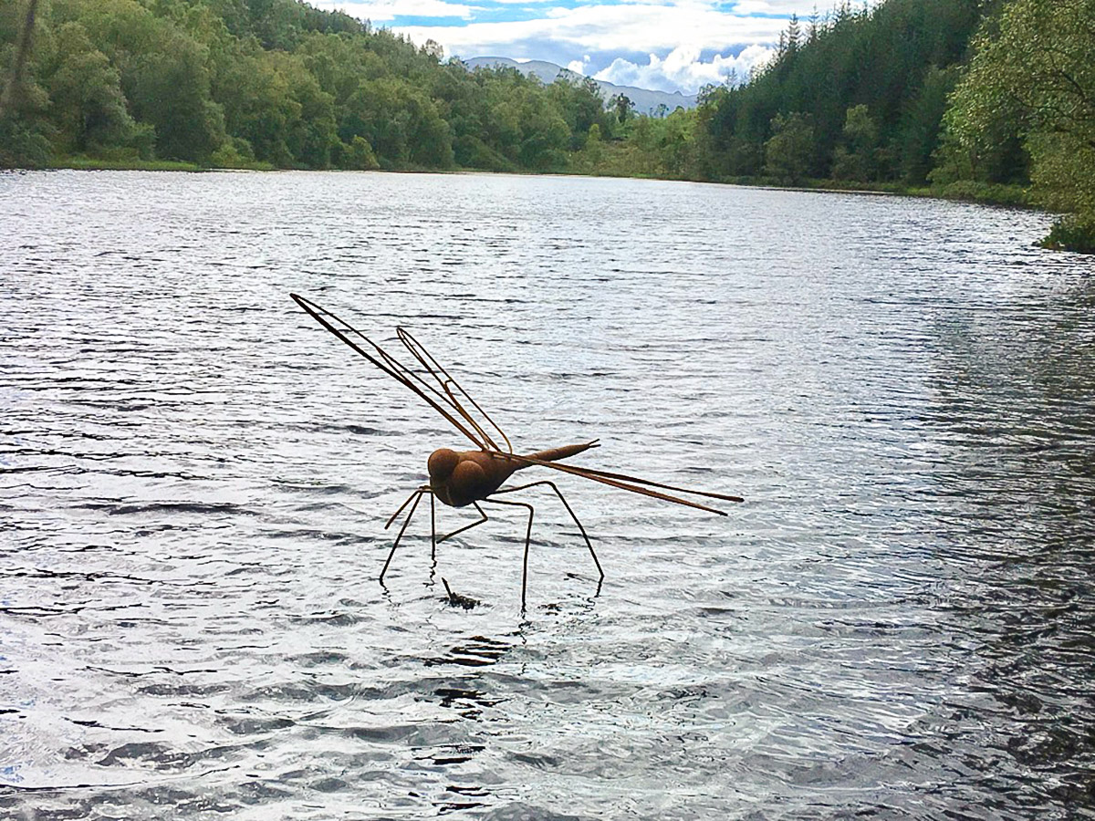 Dragonfly sculpture on Lochan Spling hike in Loch Lomond and The Trossachs region in Scotland