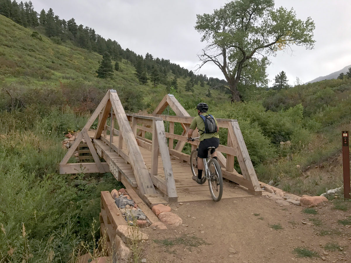 Bridge on Marshall Mesa mountain biking trail near Boulder, Colorado