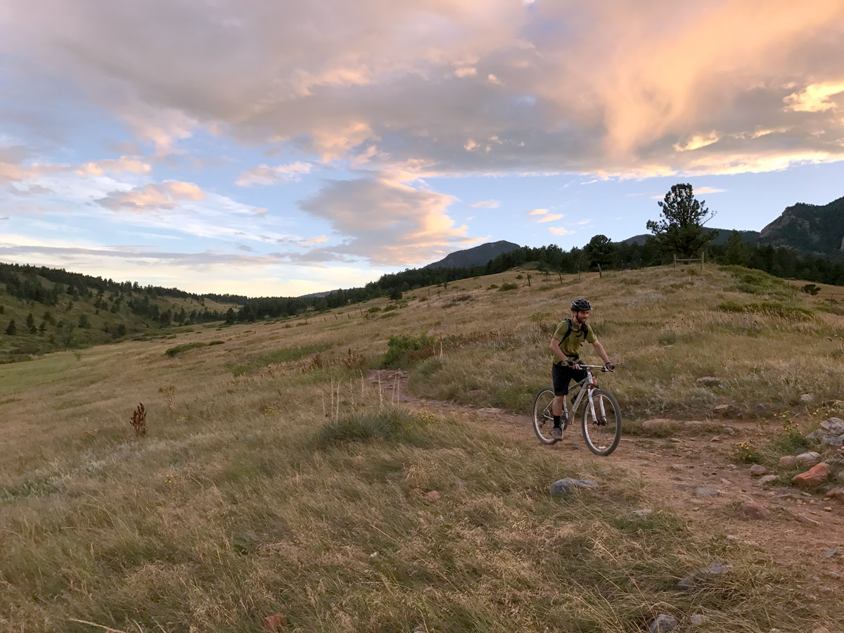 Riding on Doudy Draw Trail on Marshall Mesa MTB trail near Boulder, Colorado