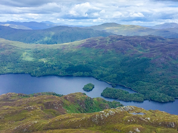 Scenery of Ben Venue from Loch Achray hike in Loch Lomond and The Trossachs area in Scotland
