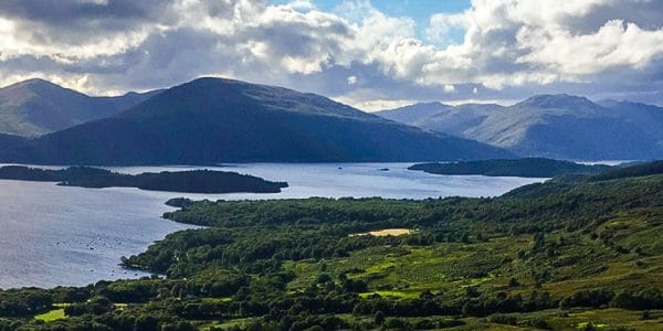 Panorama of Conic Hill hike in Loch Lomond and The Trossachs area in Scotland