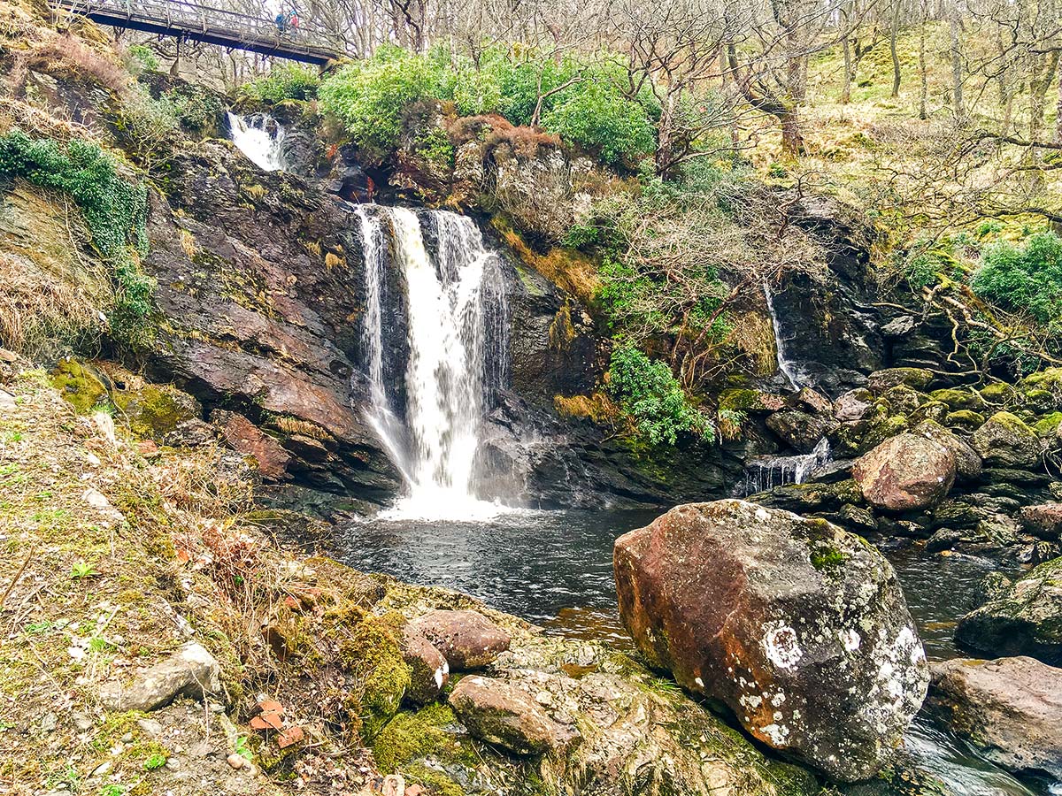 Achray waterfall on The Great Trossachs Path 1 hike in Loch Lomond and The Trossachs region in Scotland