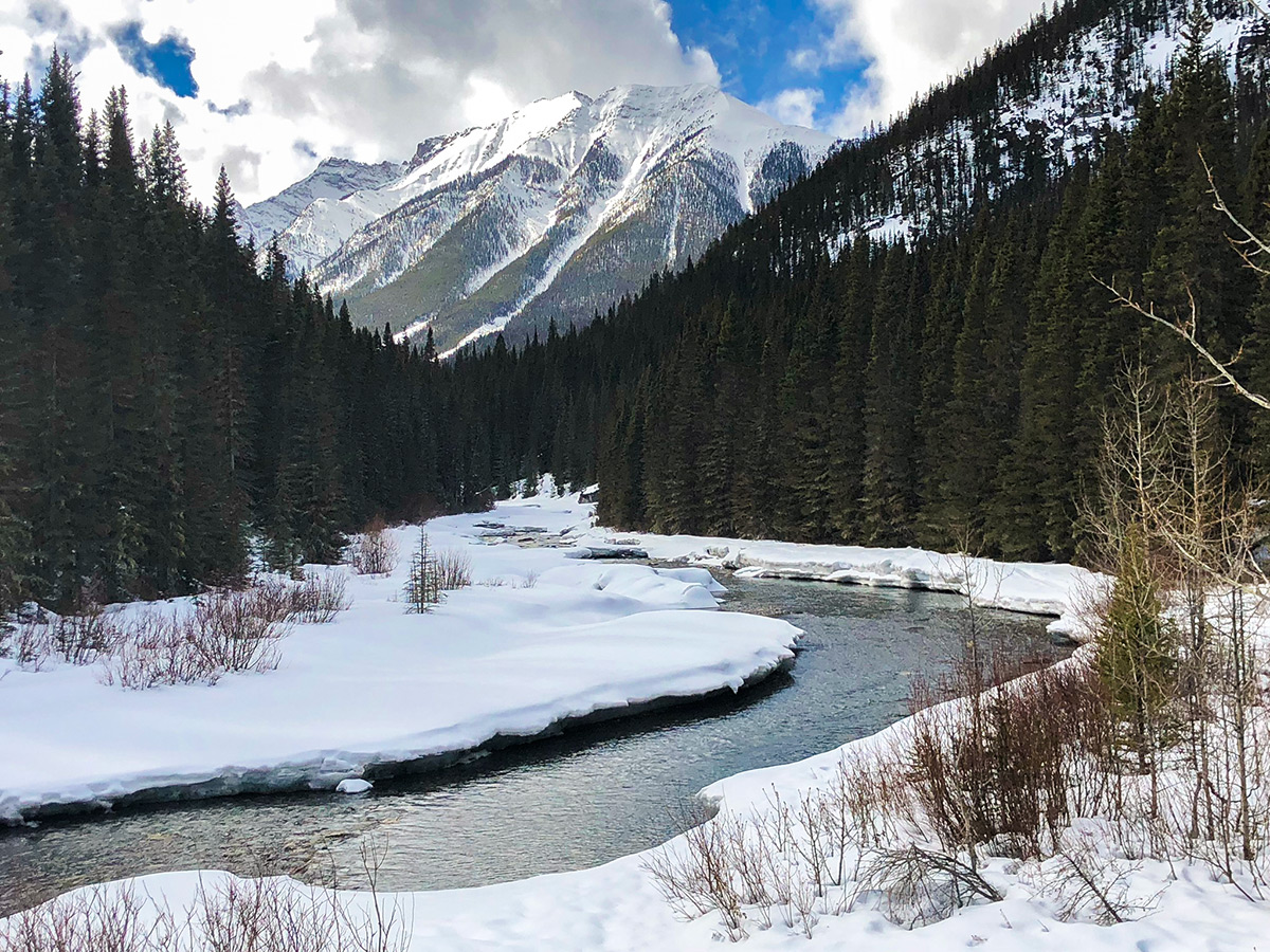 Big mountain scenery on Goat Creek to Banff Springs XC ski trail in Canmore and Banff National Park