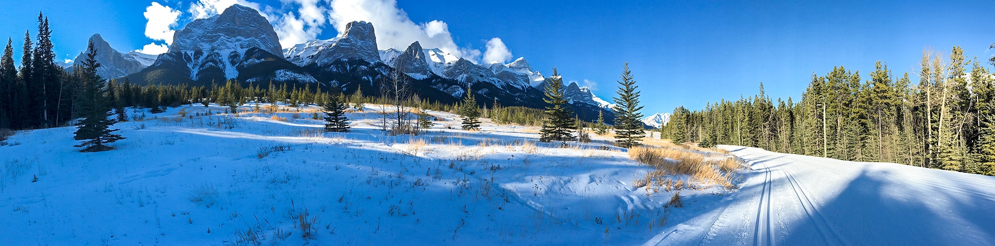 Panoramic view from Canmore Nordic Centre XC ski trail in Canmore near Banff National Park