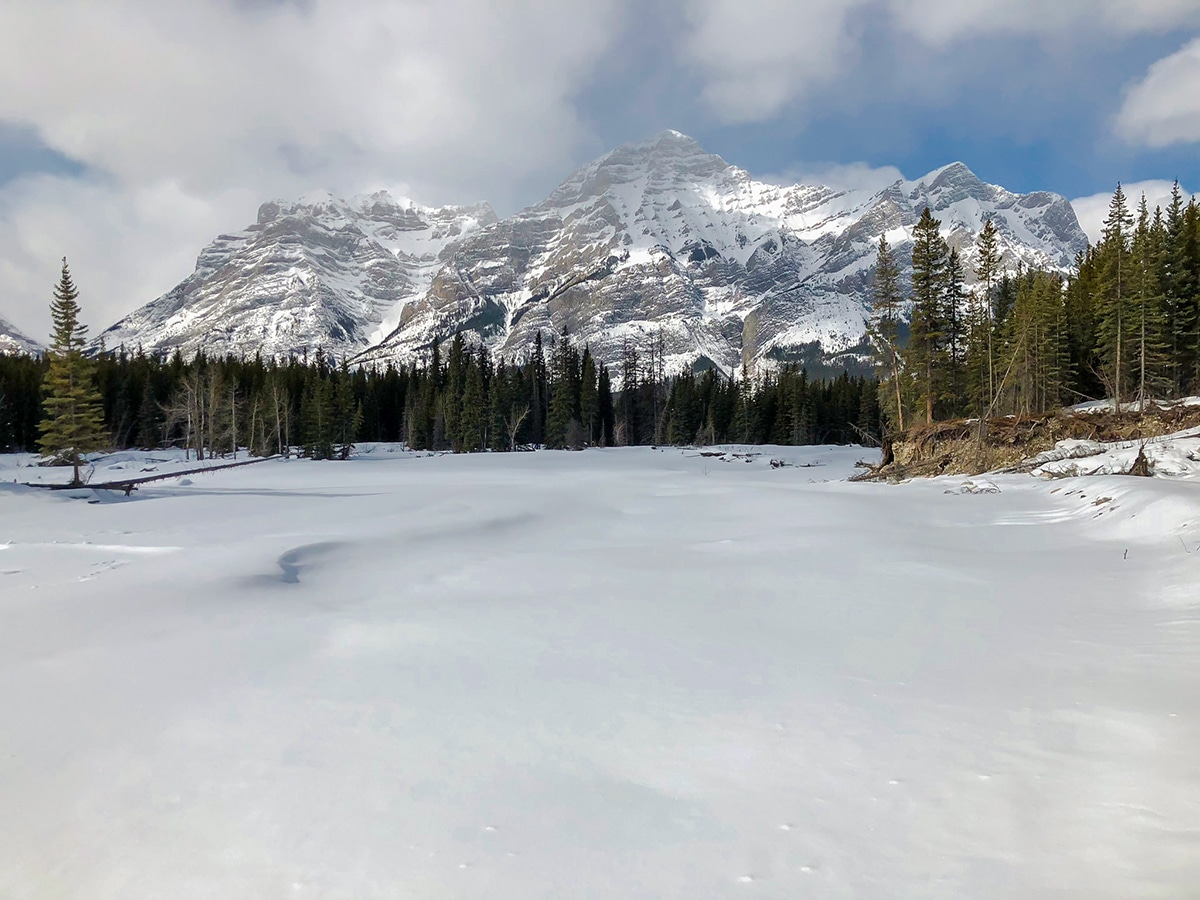 Crossing the creek on Evan-Thomas & Wedge Pond XC ski trail near Kananaskis in the Canadian Rockies