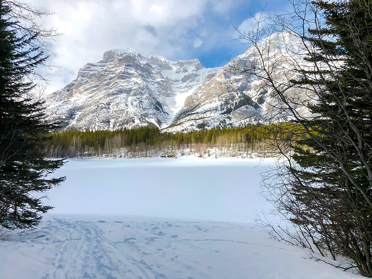 Skiing upon Evan-Thomas & Wedge Pond XC ski trail near Kananaskis in the Canadian Rockies