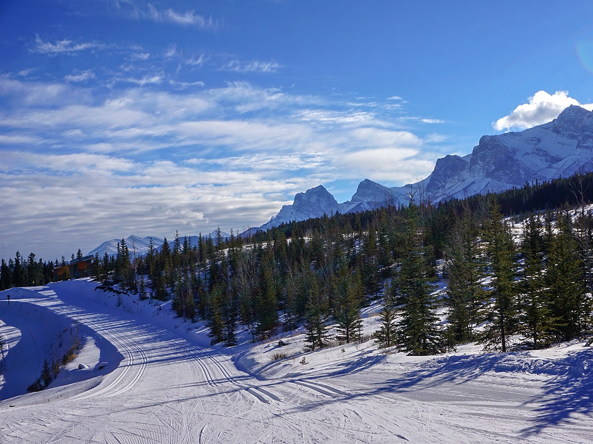 Good conditions and stunning views on Canmore Nordic Centre XC ski trail in Canmore near Banff National Park