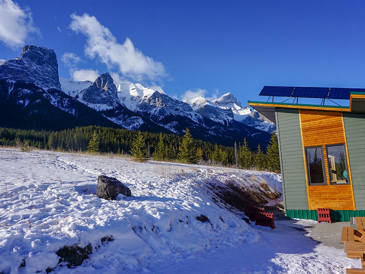 Views outside warming hut on Canmore Nordic Centre XC ski trail in Canmore near Banff National Park