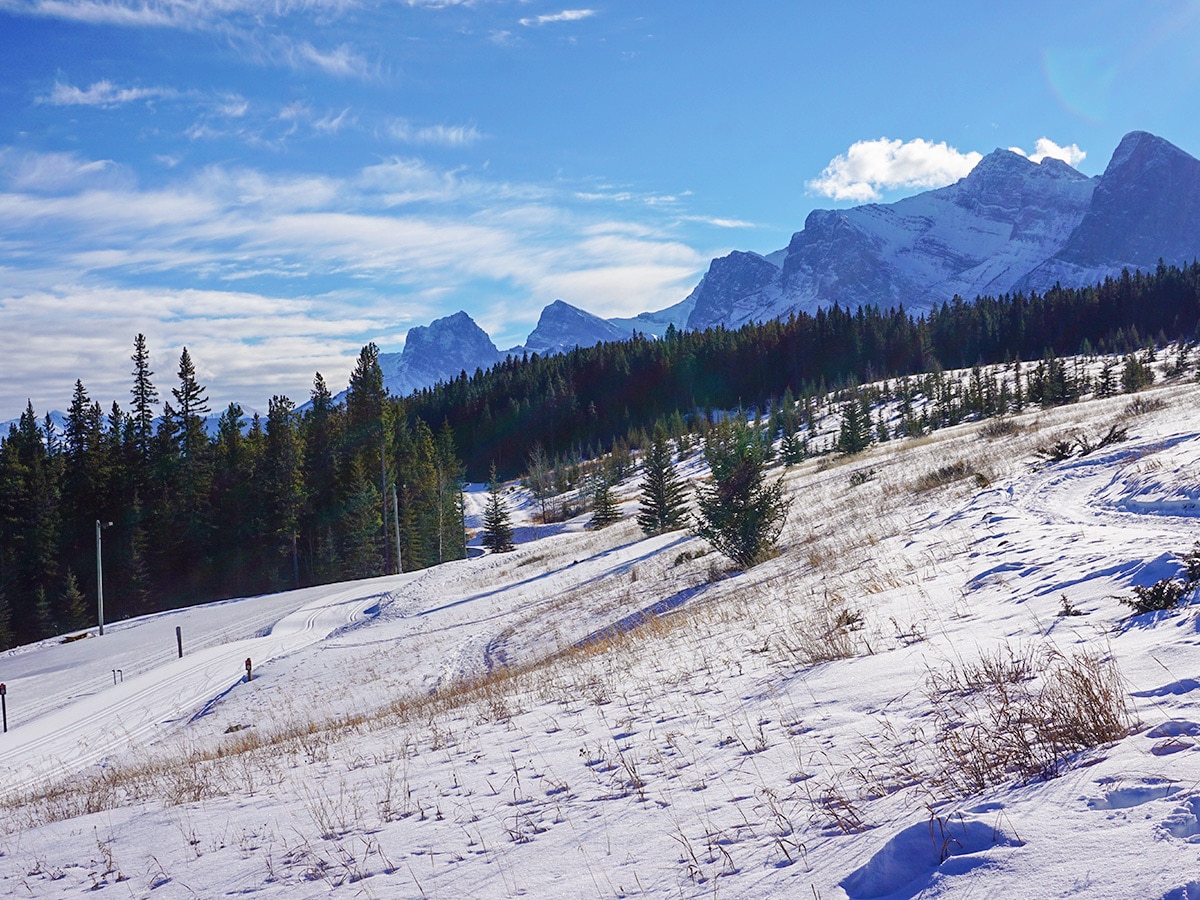 Early season skiing on Canmore Nordic Centre XC ski trail in Canmore near Banff National Park