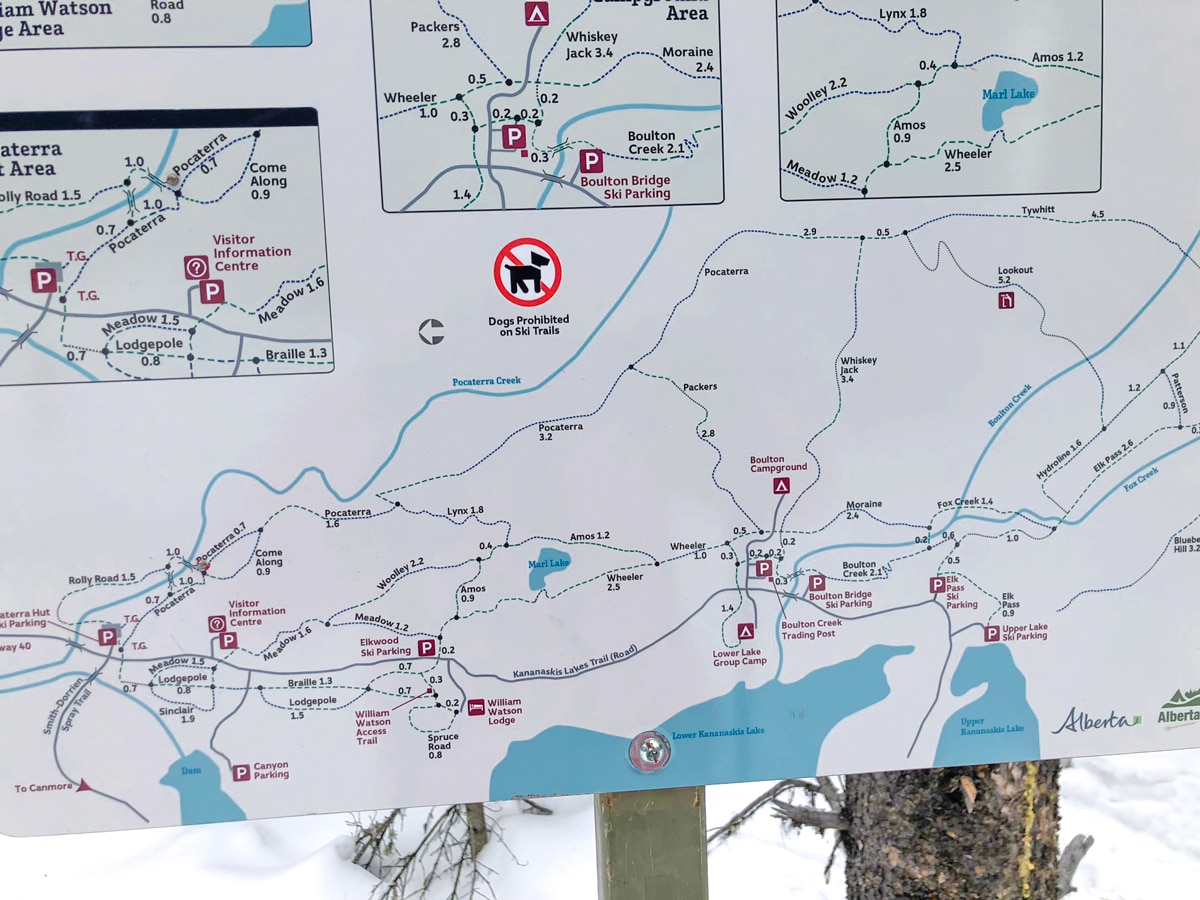 Trail map on Pocaterra XC ski trail near Kananaskis and Canmore