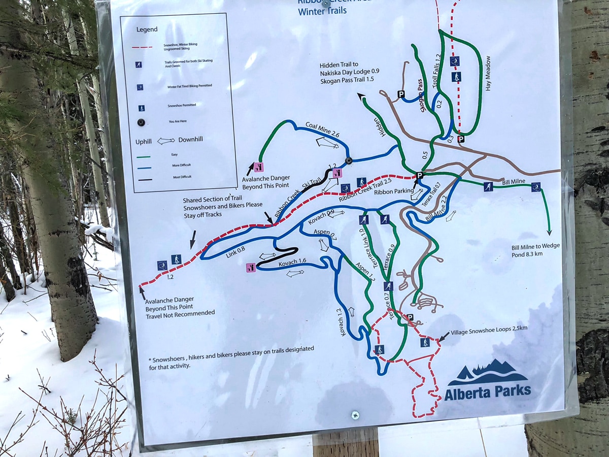 Map of Ribbon Creek XC ski trail near Kananaskis and Canmore