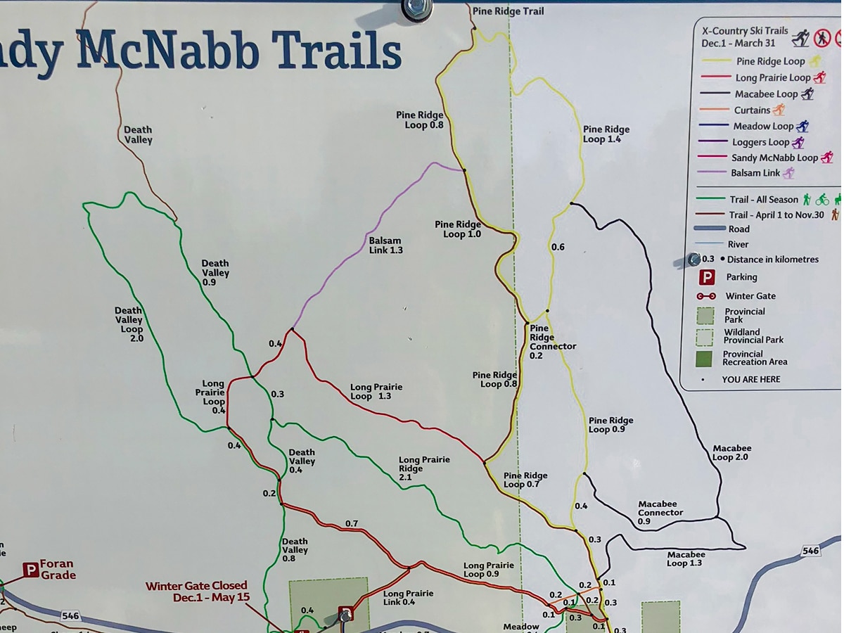 Map of Sandy McNabb XC ski trail in Sheep River Provincial Park near Kananaskis