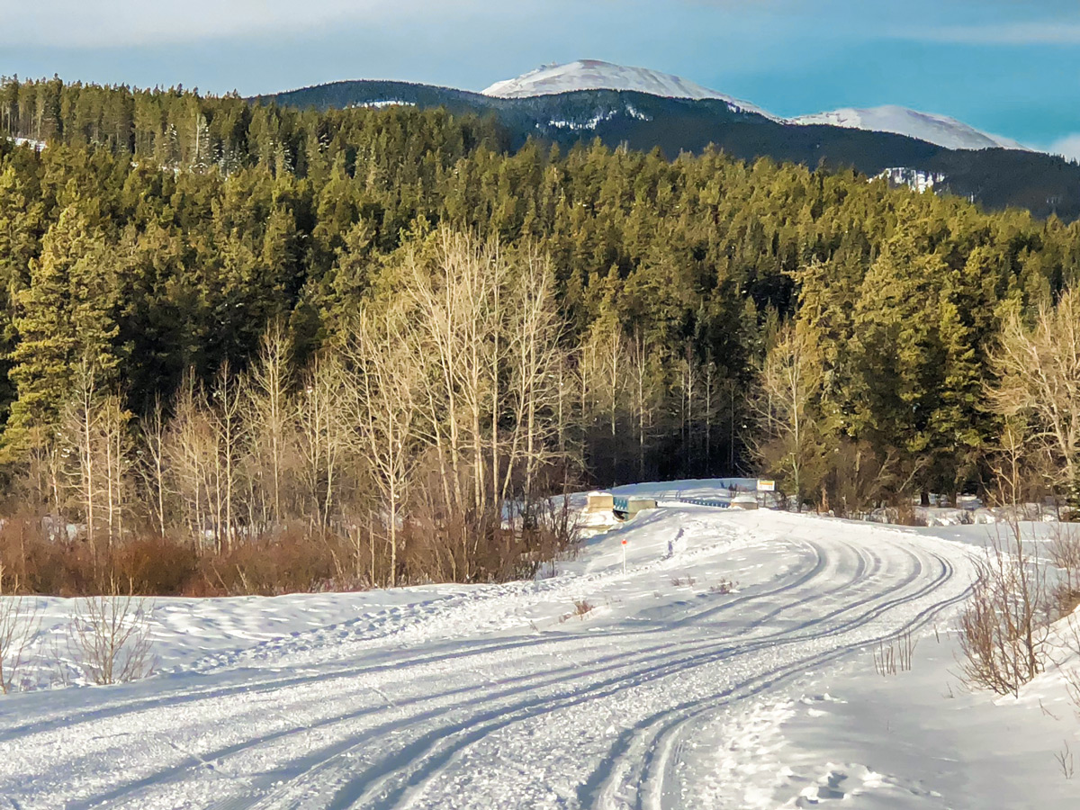 Mountain view on West Bragg Creek XC ski trail near Kananaskis, the Canadian Rockies