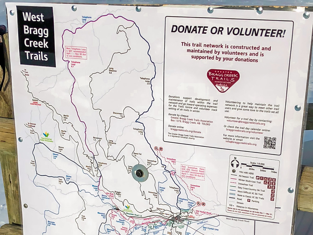 Map of West Bragg Creek XC ski trail near Kananaskis, the Canadian Rockies