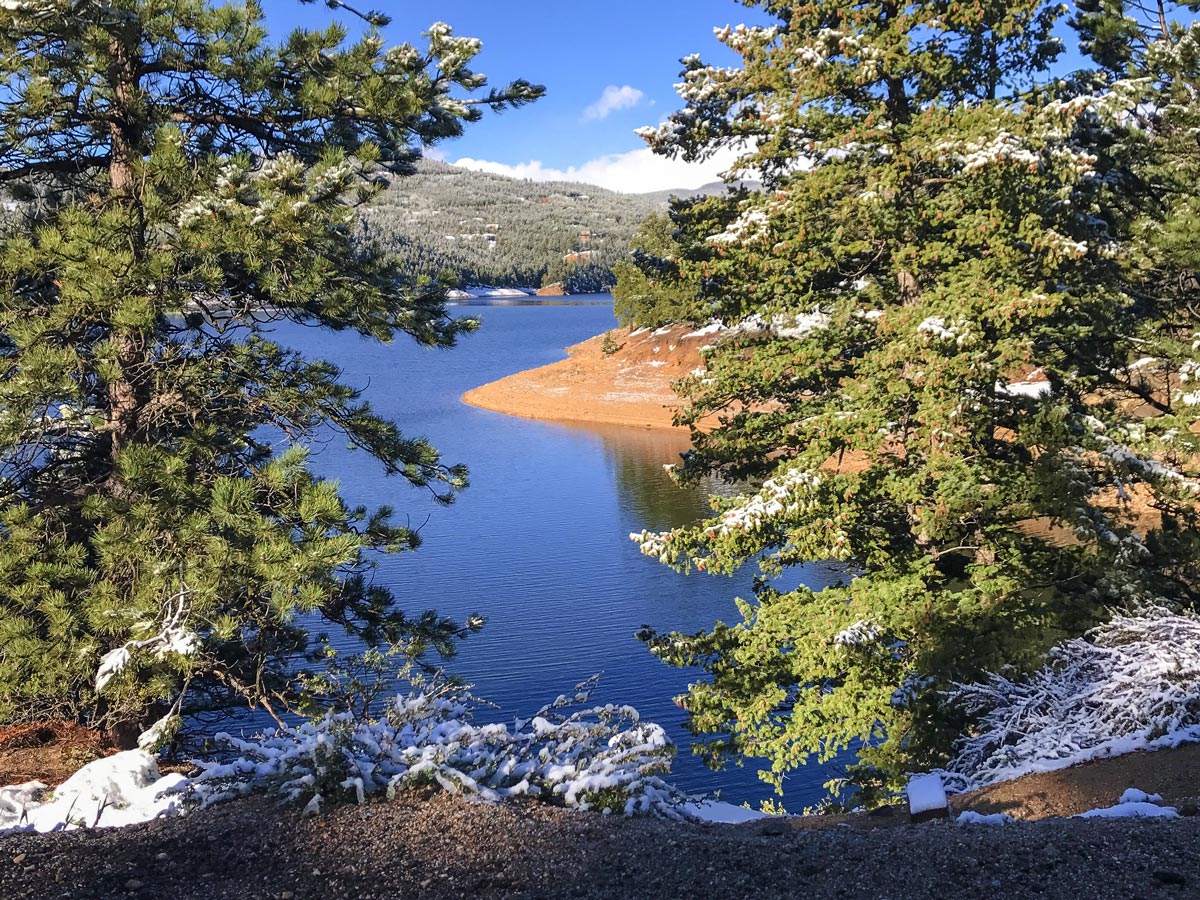 Beautiful lake on Barker Reservoir snowshoe trail in Indian Peaks, Colorado
