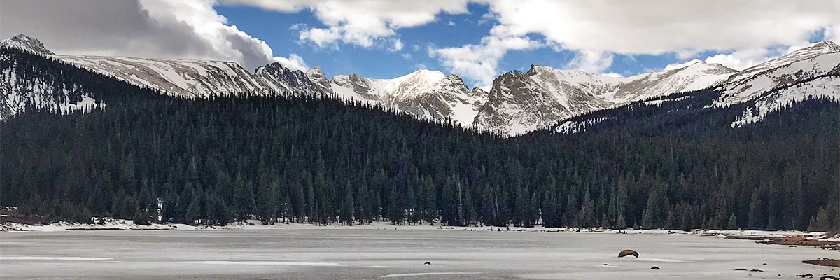 Beautiful scenery on Brainard Lake snowshoe trail in Indian Peaks, Colorado