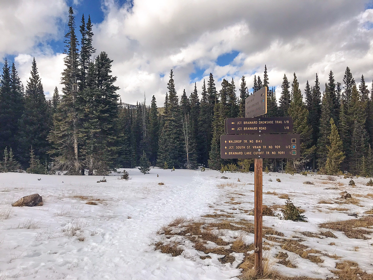Waypoint on Brainard Lake snowshoe trail in Indian Peaks, Colorado