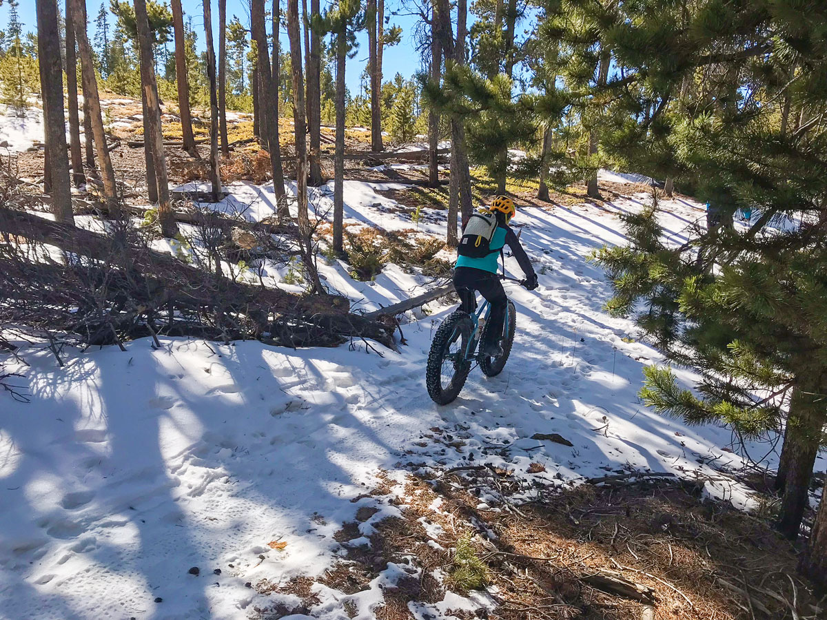 Fat tire bike on a winter trip to Dot snowshoe trail in Indian Peaks, Colorado