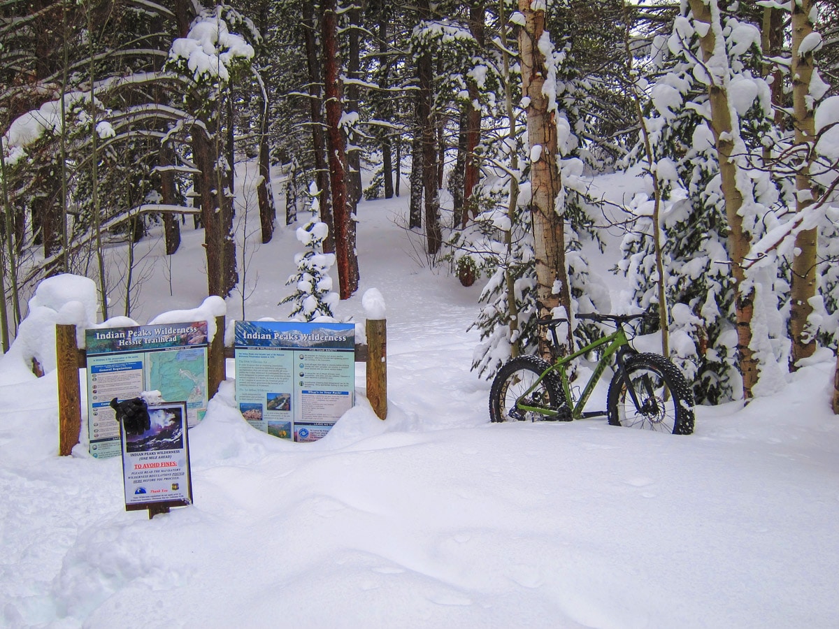 Heavy snow on Hessie snowshoe trail in Indian Peaks, Colorado