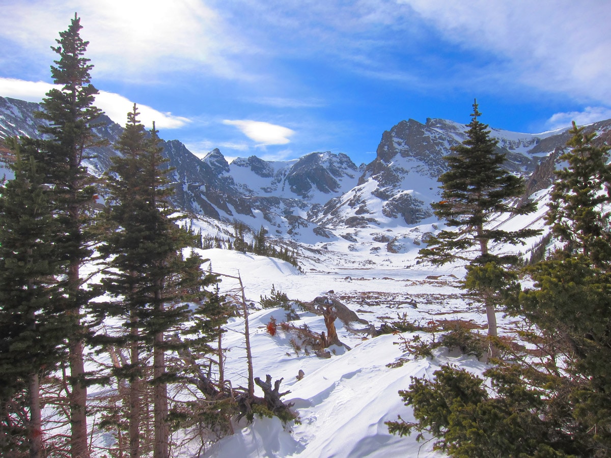Beautiful view on Lake Isabelle snowshoe trail in Indian Peaks, Colorado
