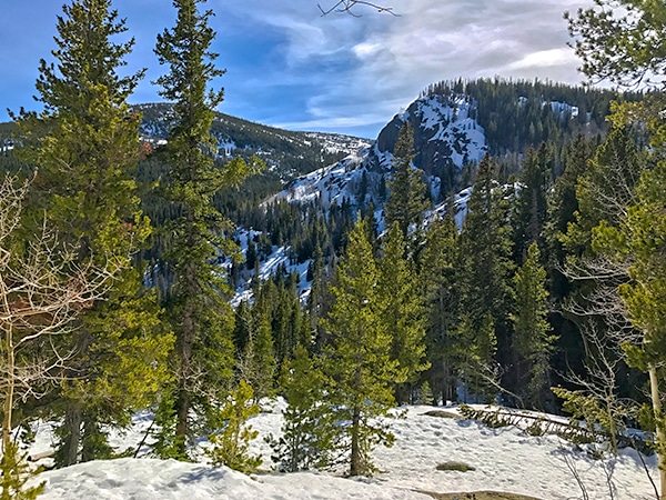 Scenery from Lost Lake snowshoe trail in Indian Peaks, Colorado