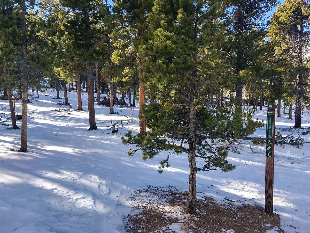 Beautiful winter hike on Mud Lake snowshoe trail in Indian Peaks, Colorado