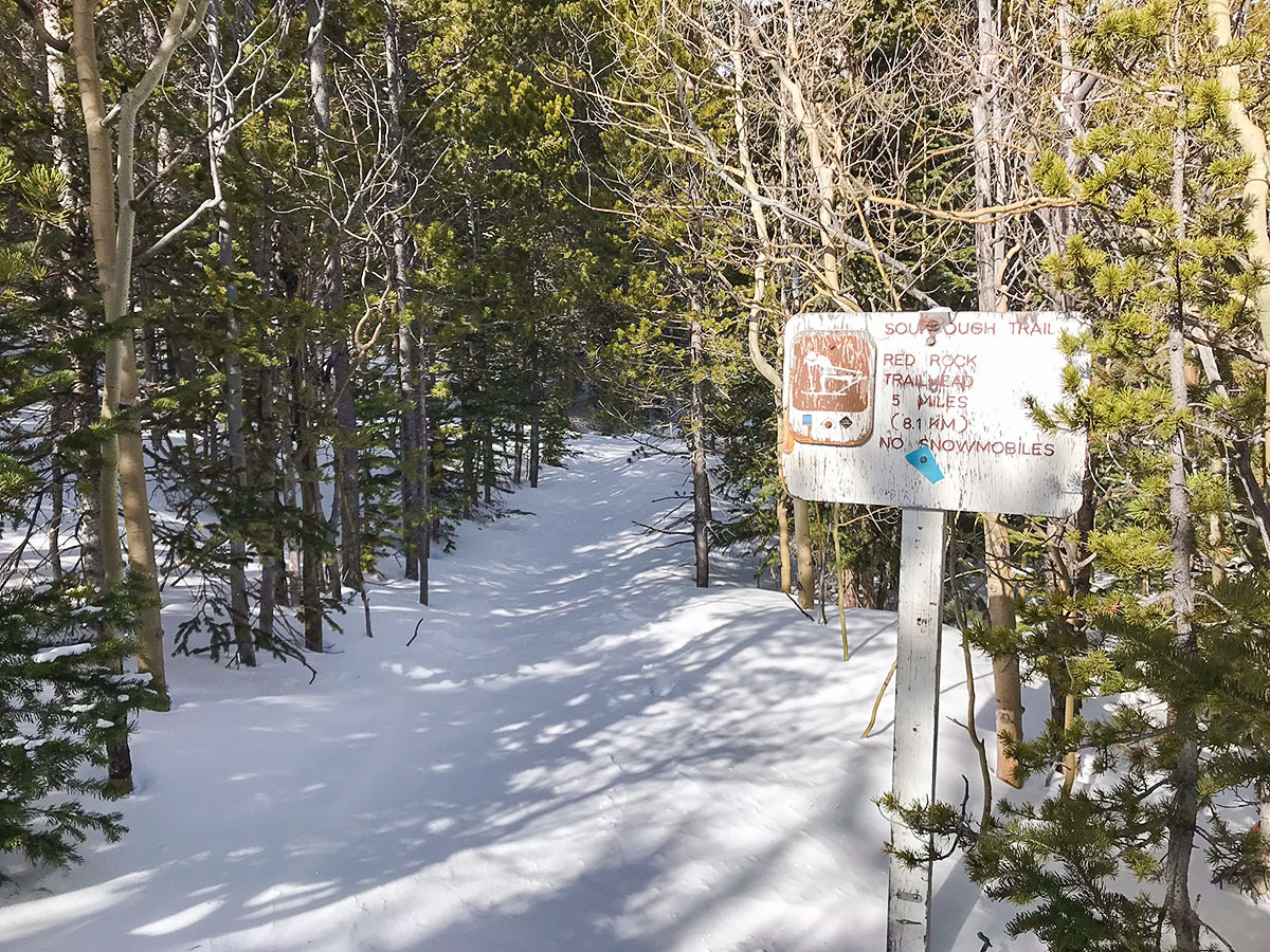 Snow on Sourdough snowshoe trail in Indian Peaks, Colorado