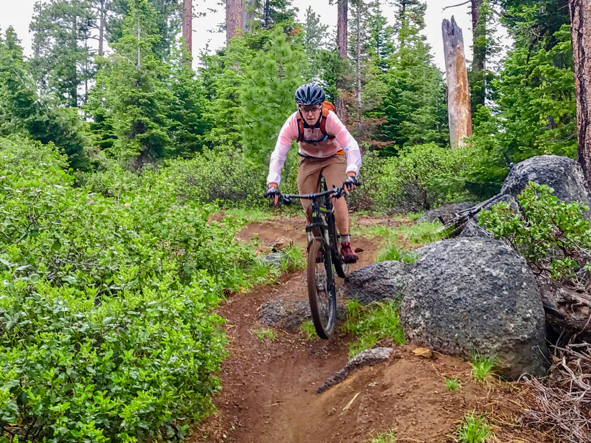 Technical descent early on Tyler's Traverse mountain biking trail in Bend, Oregon