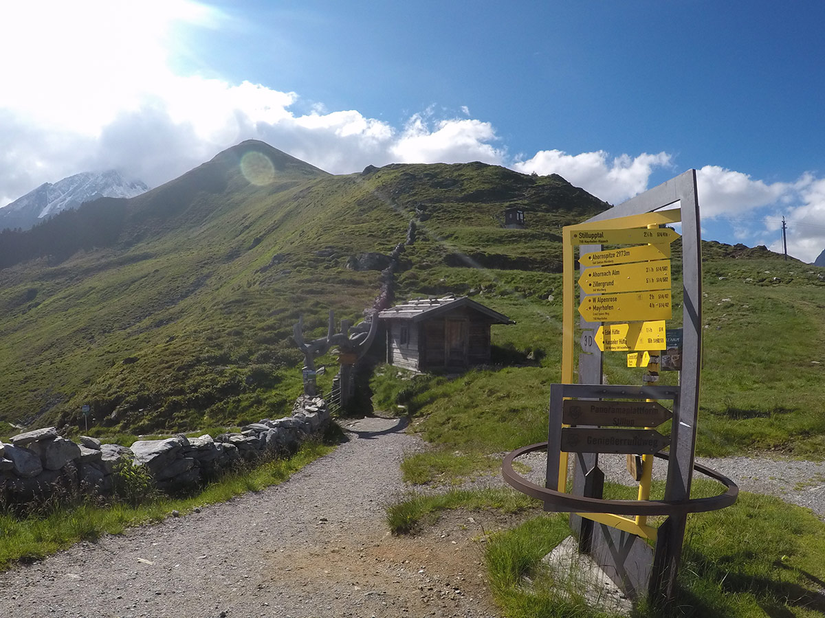 Gate to the trail on Ahornspitze hike near Mayrhofen, Zillertal Valley, Austria
