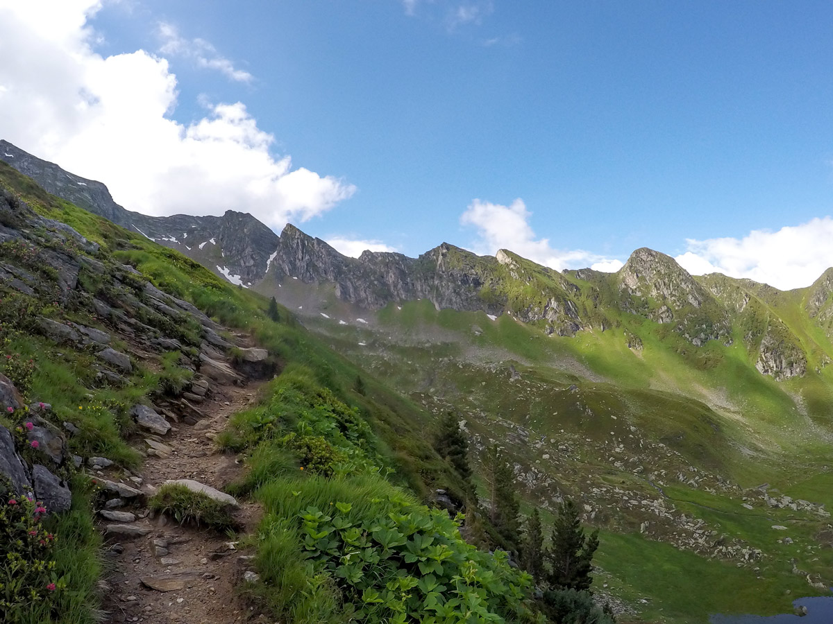 Path to Edelhutte on Ahornspitze hike near Mayrhofen, Zillertal Valley, Austria