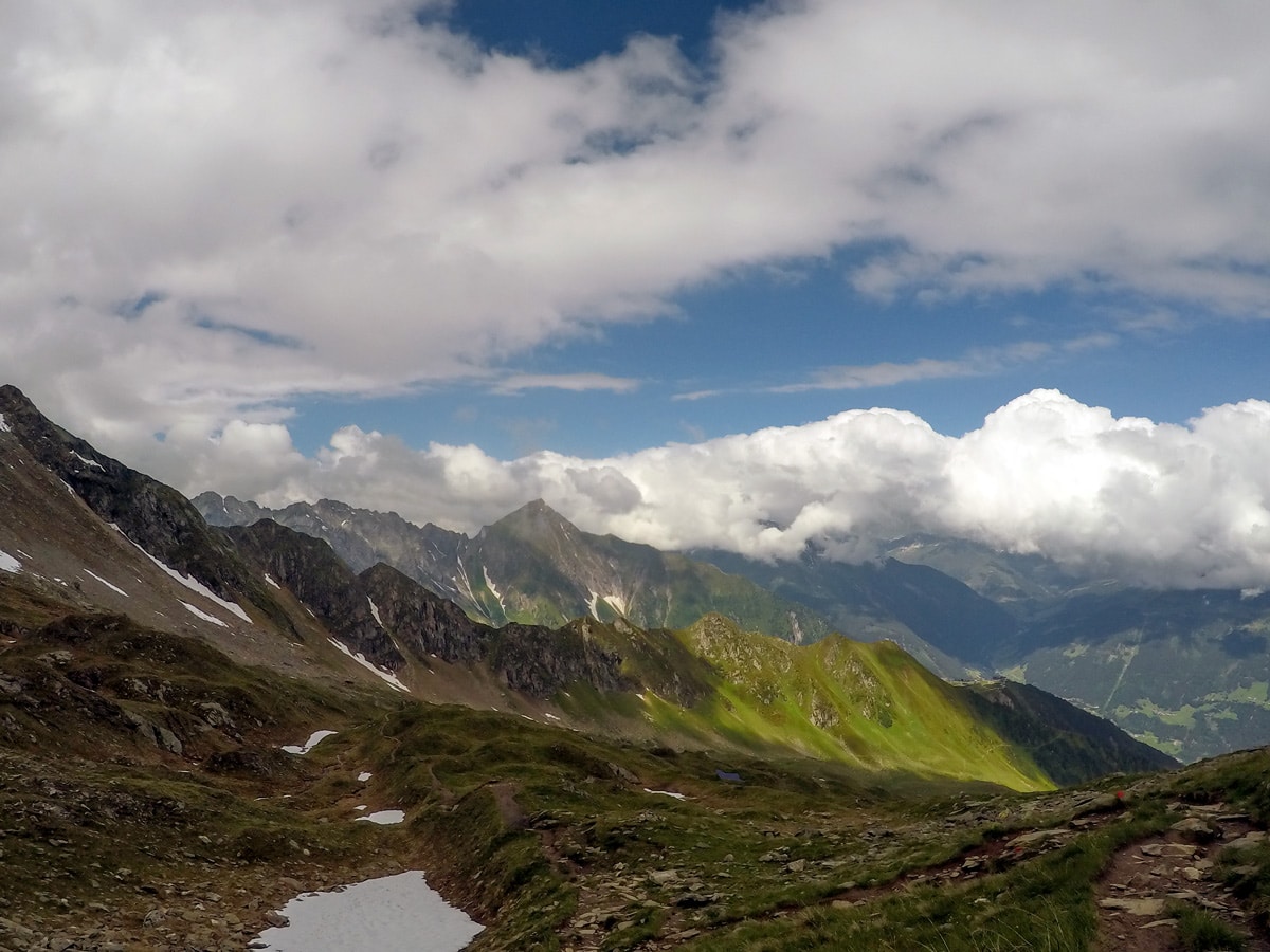 Views of Edelhutte on Ahornspitze hike near Mayrhofen, Zillertal Valley, Austria