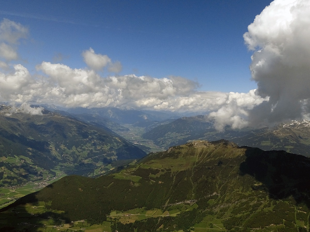 View from the top on Ahornspitze hike near Mayrhofen, Zillertal Valley, Austria