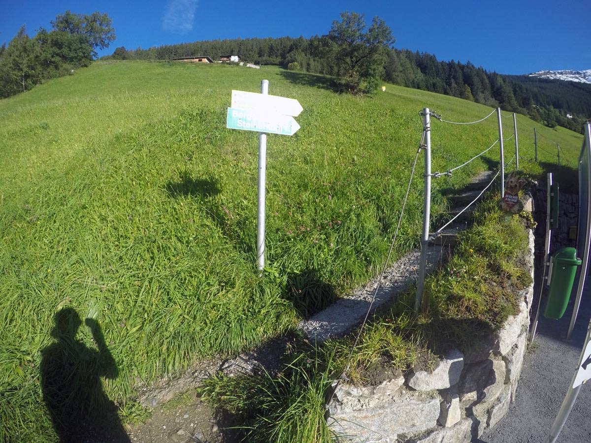 Beginning of trail on Themenwanderung Bergmähderweg hike in Mayrhofen, Zillertal Valley, Austria