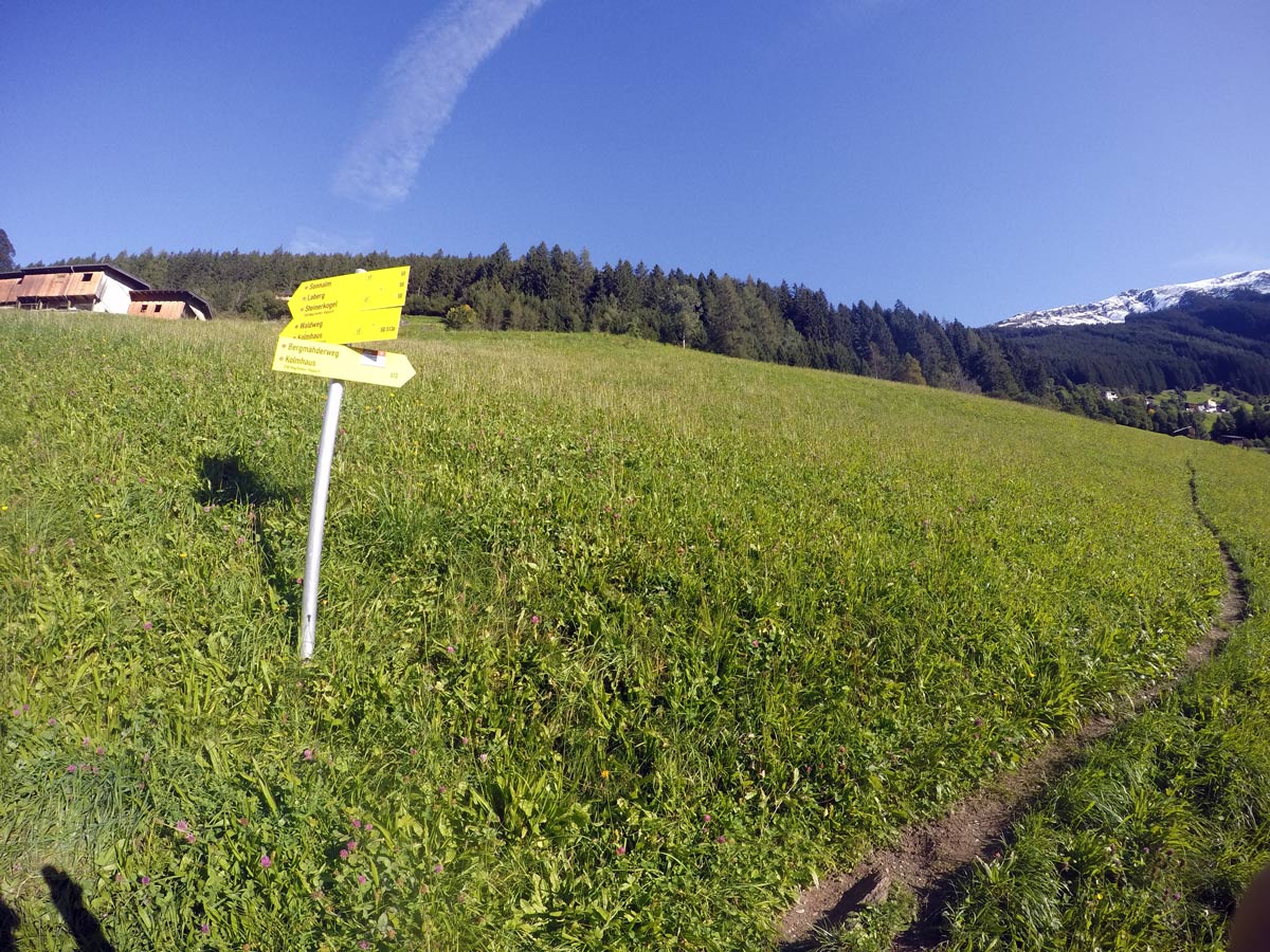 Well signed paths on Themenwanderung Bergmähderweg hike in Mayrhofen, Zillertal Valley, Austria
