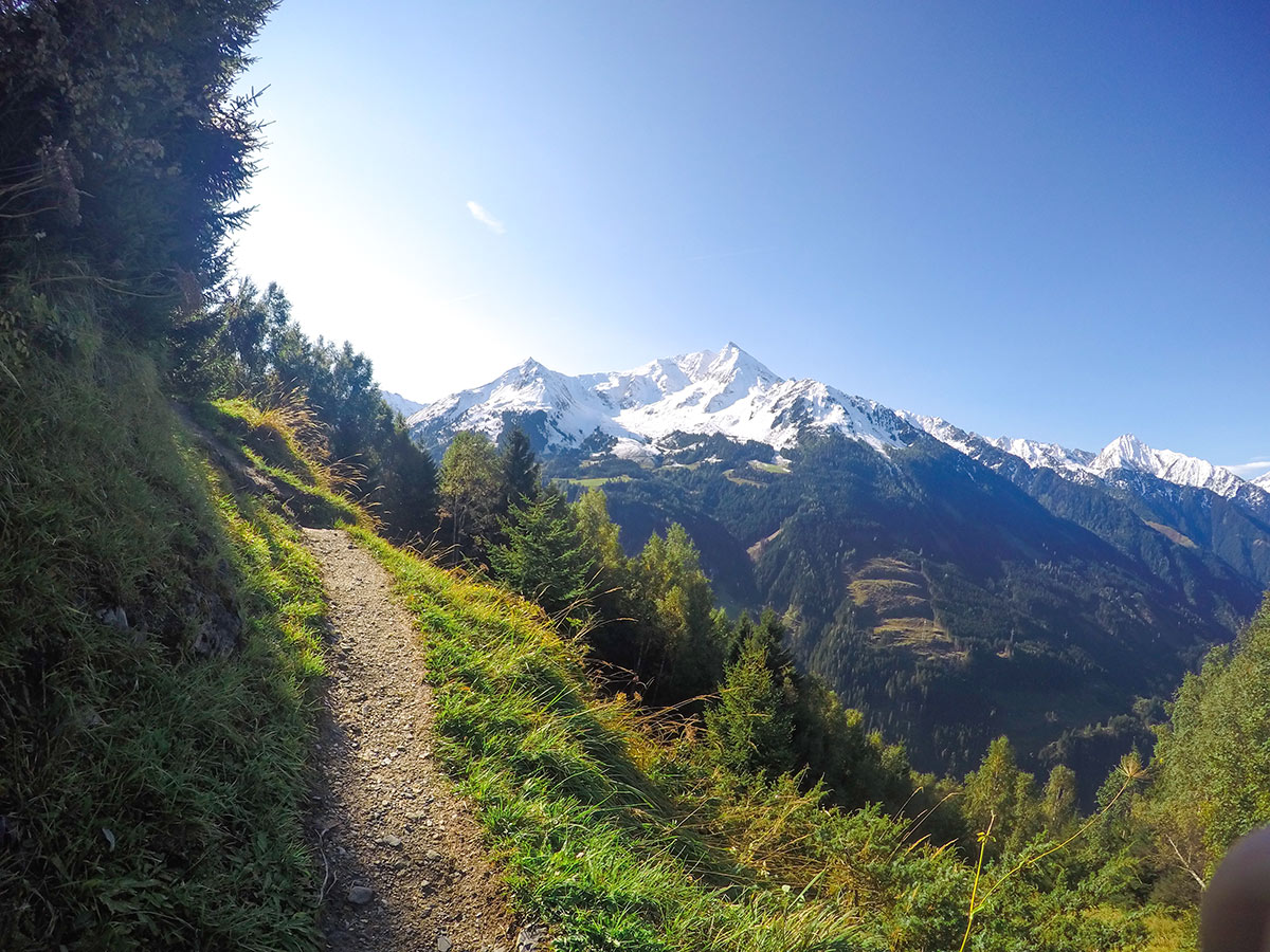 Great views to Ahornspitze on Themenwanderung Bergmähderweg hike in Mayrhofen, Zillertal Valley, Austria