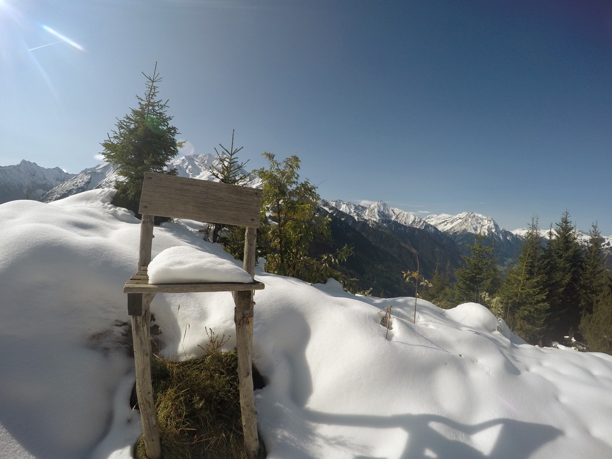 Snow on Themenwanderung Bergmähderweg hike in Mayrhofen, Zillertal Valley, Austria