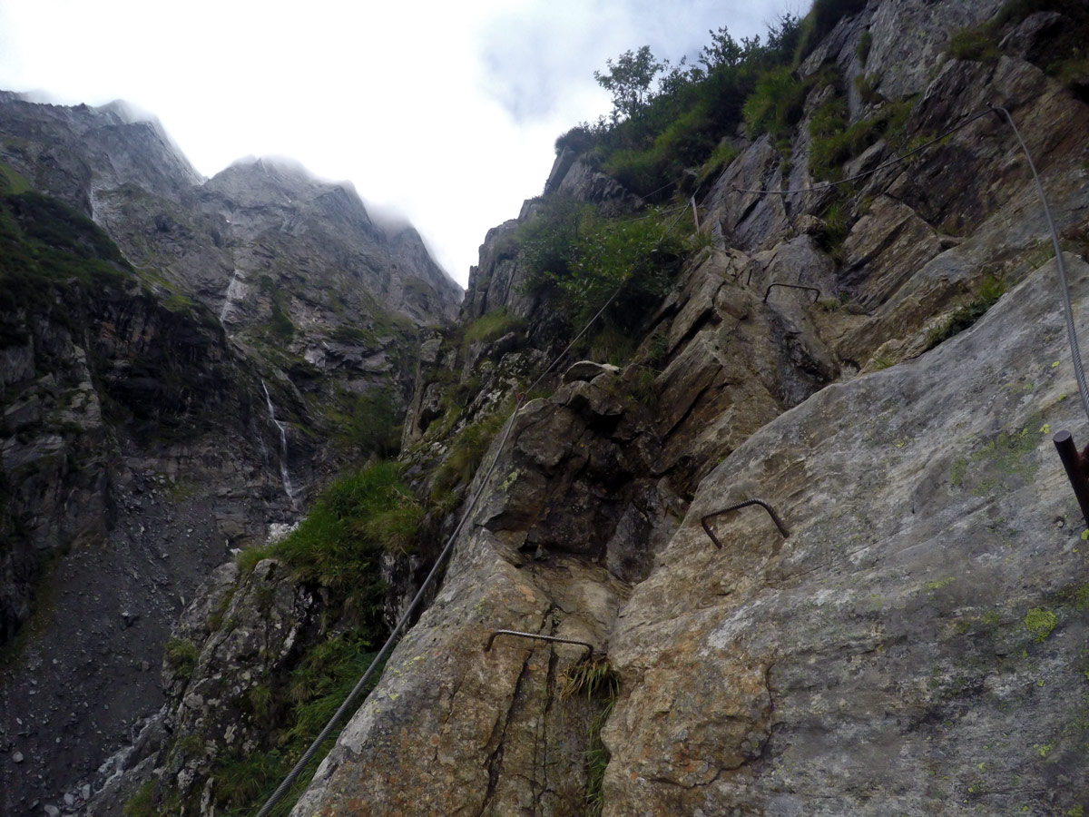 Steel rope on Berlinerhütte over Mörchnerscharte hike near Mayrhofen, Zillertal Valley, Austria