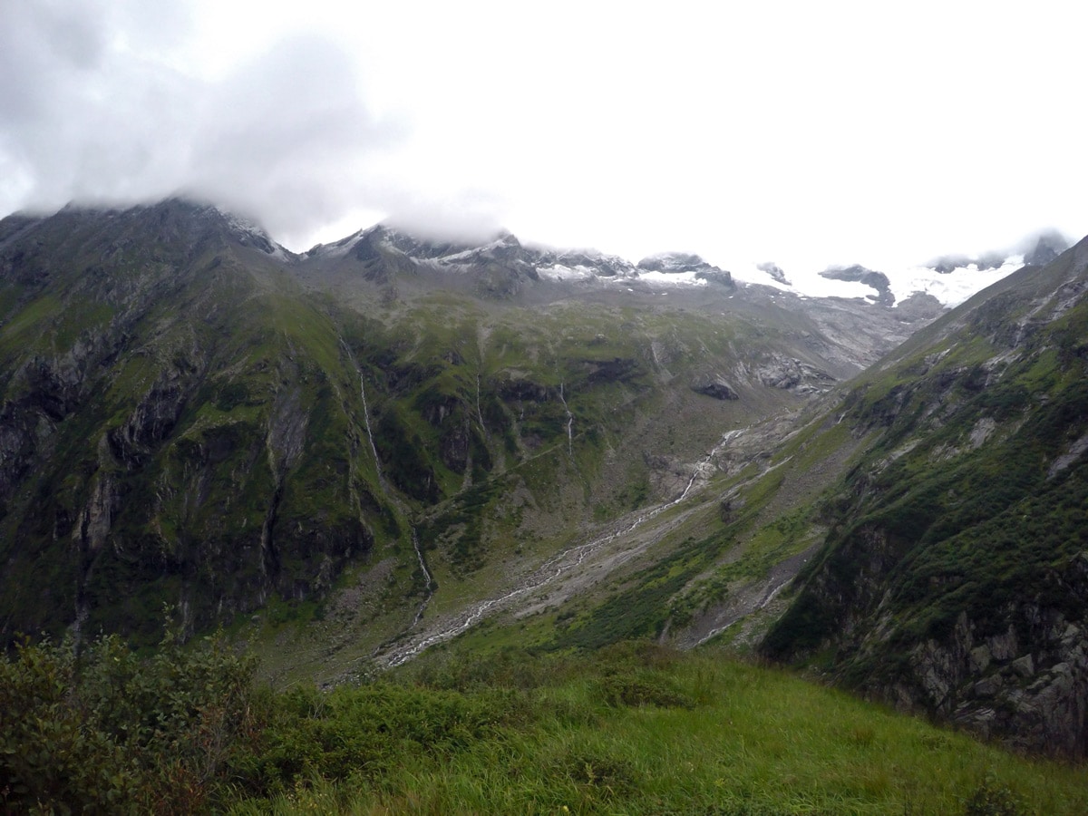 Valley views on Berlinerhütte over Mörchnerscharte hike near Mayrhofen, Zillertal Valley, Austria