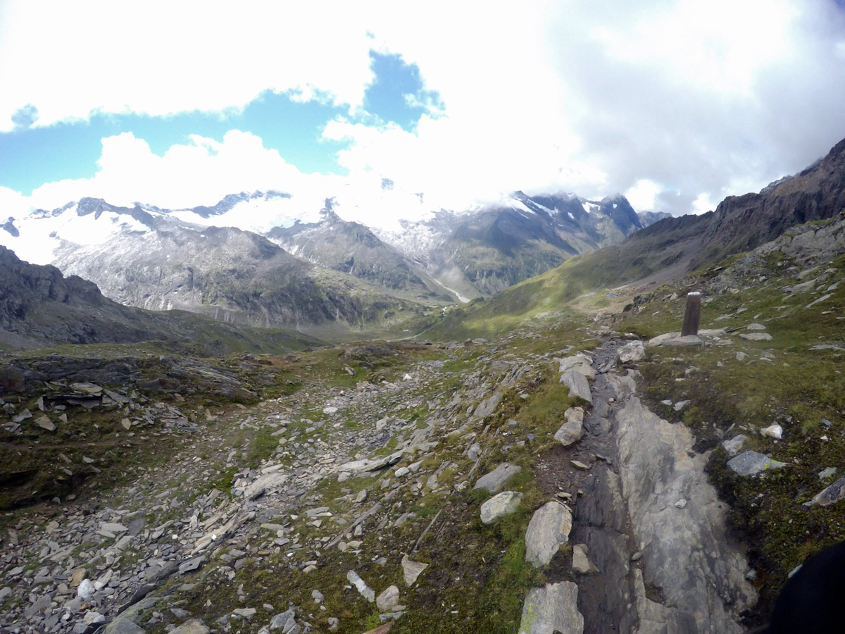 Path on Berlinerhütte over Mörchnerscharte hike near Mayrhofen, Zillertal Valley, Austria