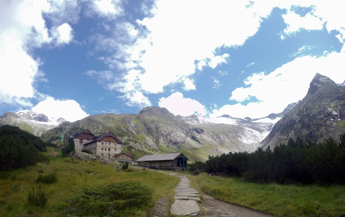 Berliner Hütte on Berlinerhütte over Mörchnerscharte hike near Mayrhofen, Zillertal Valley, Austria