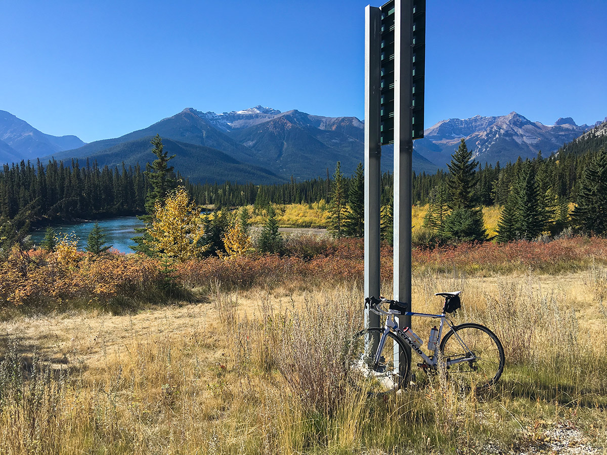 Cycling into Bow Valley Parkway on Banff to Lake Louise road biking route in the Canadian Rockies