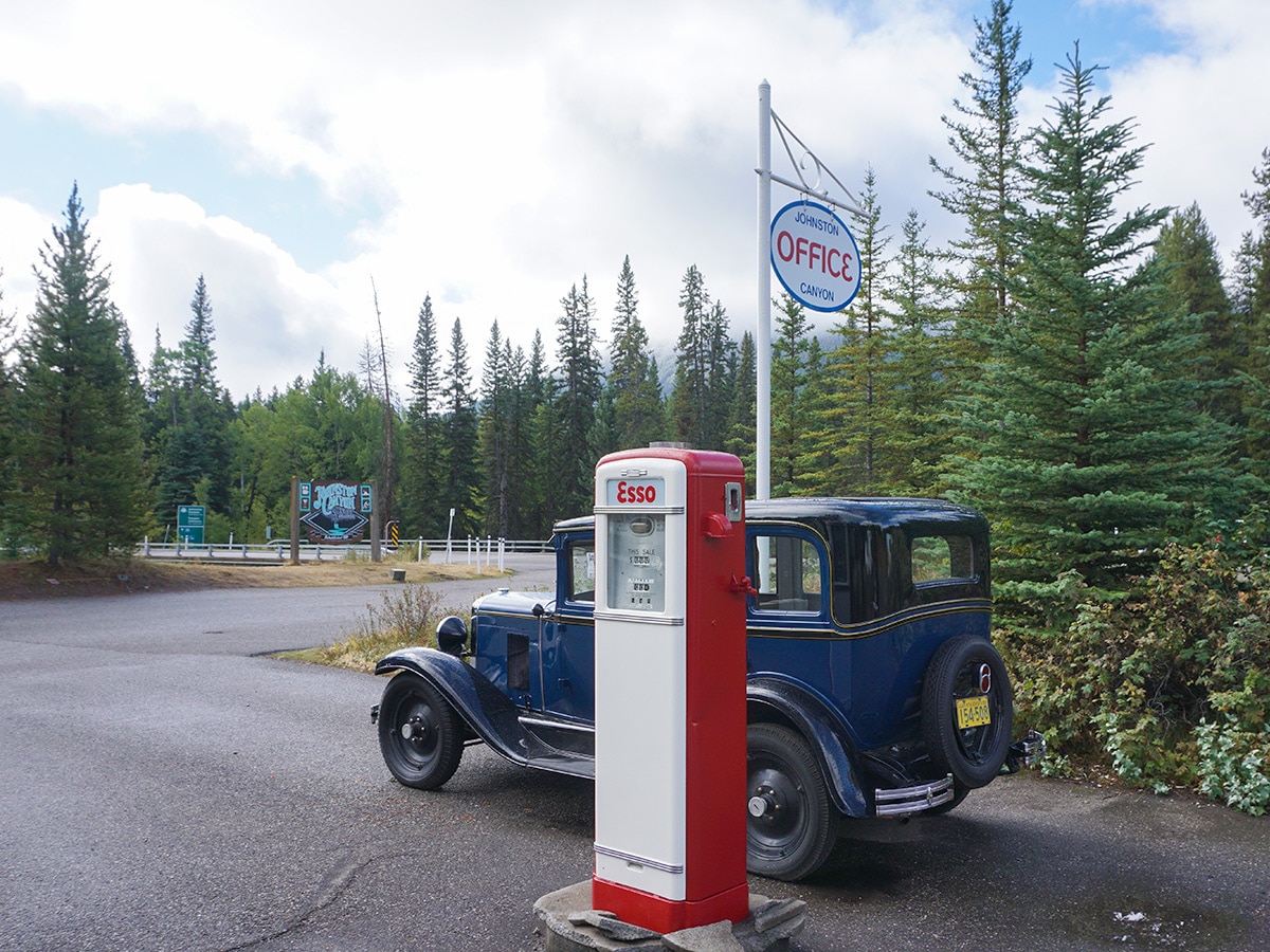 Old gas station at Johnston Canyon on Banff to Lake Louise road biking route in the Canadian Rockies